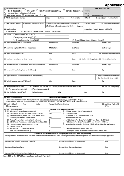 Fillable Form 130 U Application For Texas Title And or Registration 