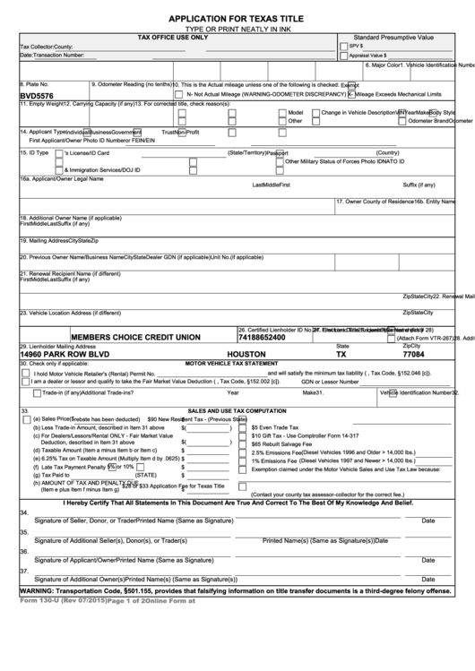 Fillable Form 130 U Application For Texas Title Printable Pdf Download