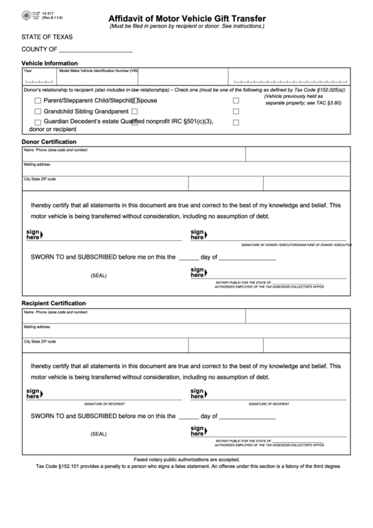 Fillable Form 14 317 Affidavit Of Motor Vehicle Gift Transfer 