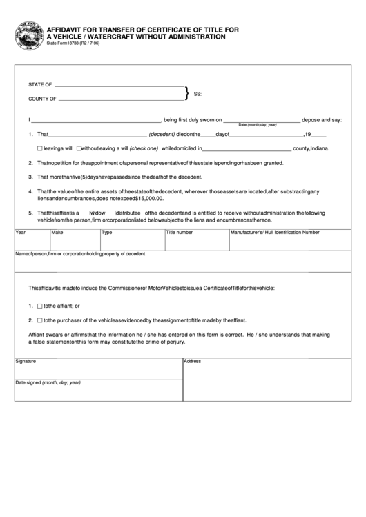 Fillable Form 18733 Affidavit For Transfer Of Certificate Of Title