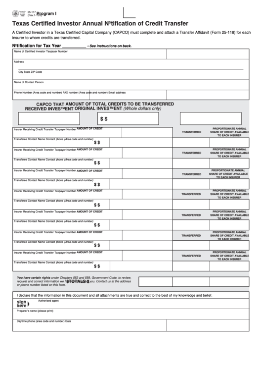 Fillable Form 25 117 Texas Certified Investor Annual Notification Of