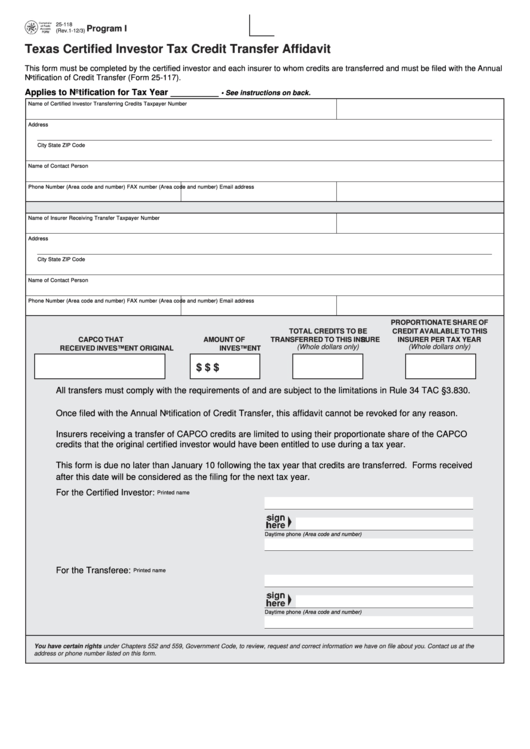 Fillable Form 25 118 Texas Certified Investor Tax Credit Transfer 