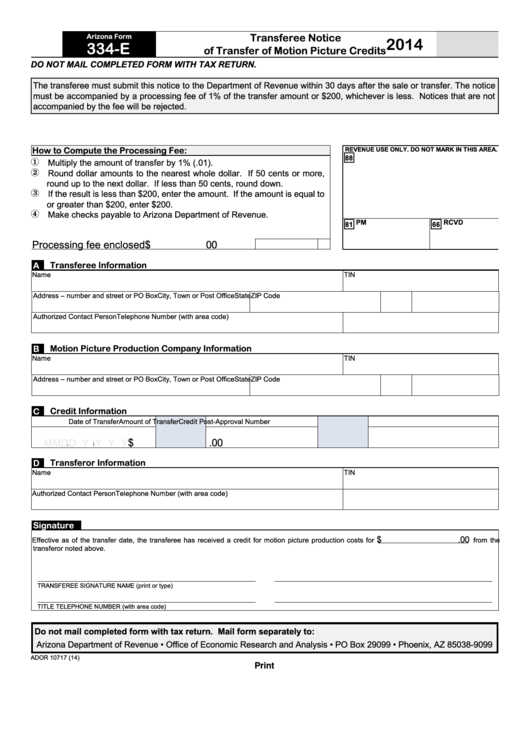 Fillable Form 334 E Arizona Transferee Notice Of Transfer Of Motion 