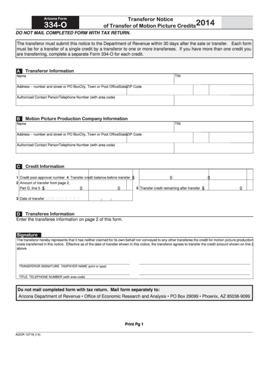 Fillable Form 334 O Arizona Transferor Notice Of Transfer Of Motion 
