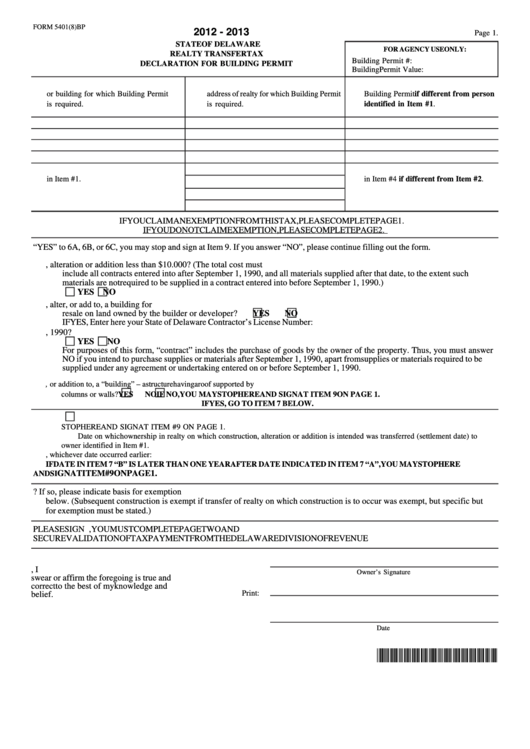 Fillable Form 5401 8 bp Realty Transfer Tax Declaration For Building 