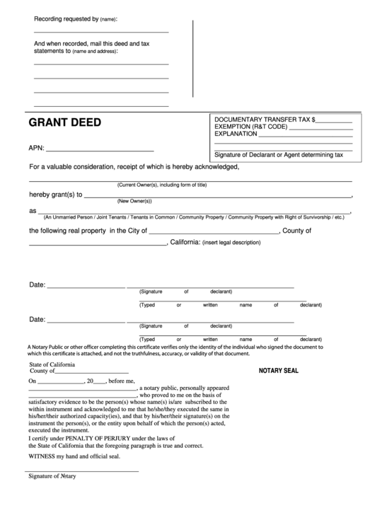 Fillable Form Grant Deed State Of California Printable Pdf Download