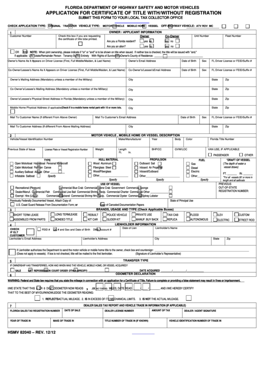 Fillable Form Hsmv 82040 Application For Certificate Of Title With