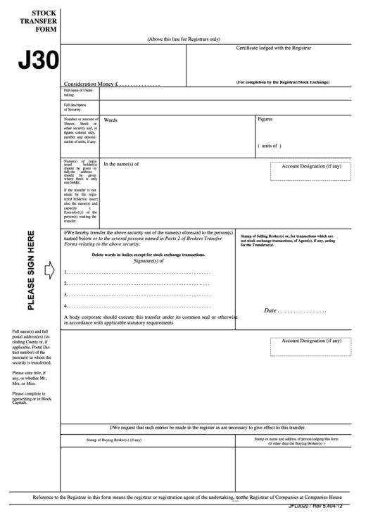 Fillable Form J30 Stock Transfer Form Printable Pdf Download