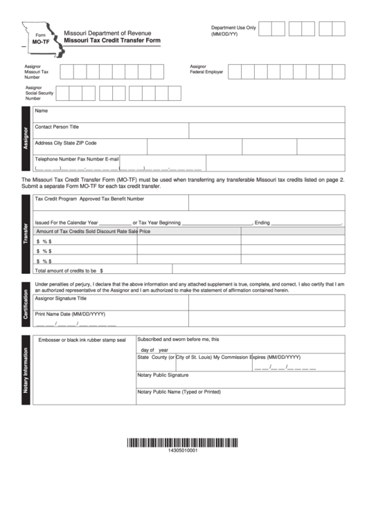 Fillable Form Mo Tf Missouri Tax Credit Transfer Form 2014 