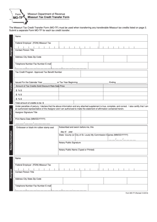 Fillable Form Mo Tf Missouri Tax Credit Transfer Form Printable Pdf 