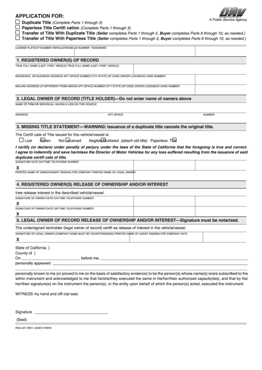 Fillable Form Reg 227 Application For Duplicate Or Paperless Title 