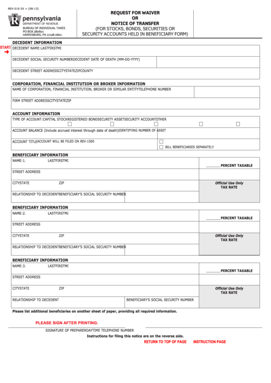 Fillable Form Rev 516 Ex Request For Waiver Or Notice Of Transfer 