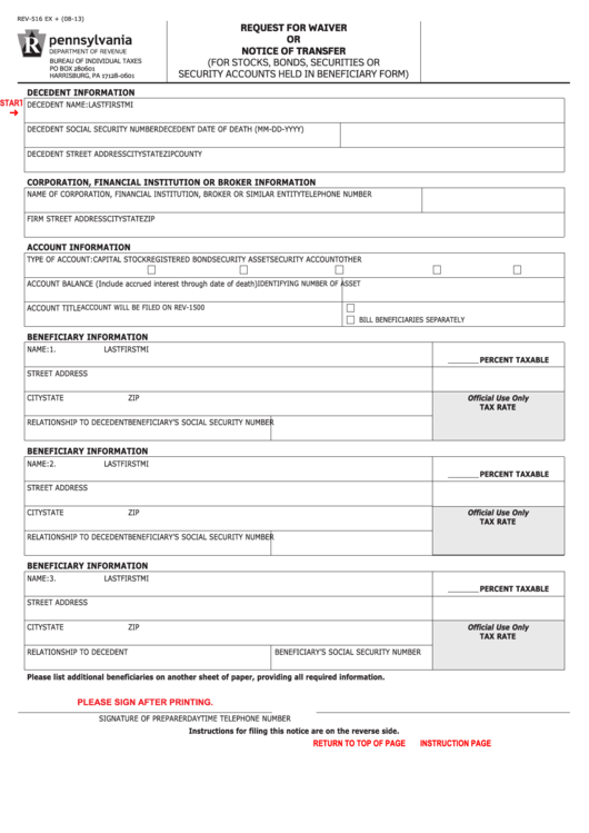 Fillable Form Rev 516 Request For Waiver Or Notice Of Transfer