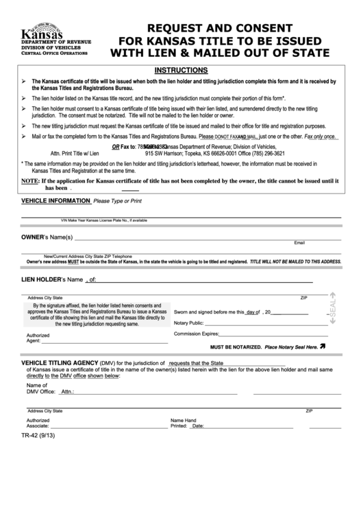 Fillable Form Tr 42 Request And Consent For Kansas Title To Be Issued 