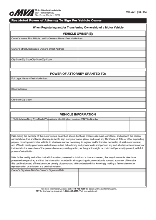 Fillable Form Vr 470 Restricted Power Of Attorney To Sign For Vehicle 