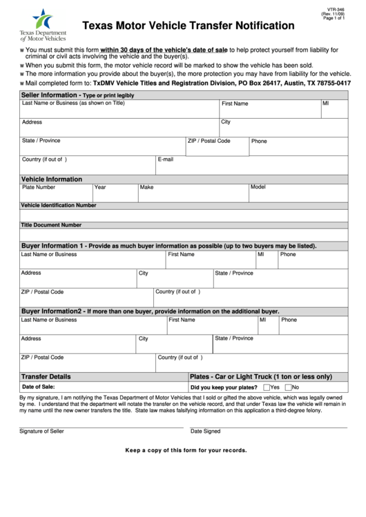 Fillable Form Vtr 346 Texas Motor Vehicle Transfer Notification 