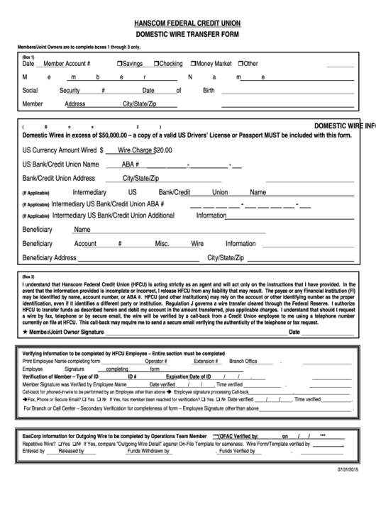 Fillable Hanscom Federal Credit Union Domestic Wire Transfer Form 