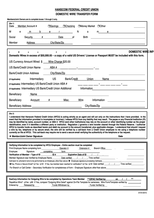 Fillable Hanscom Federal Credit Union Domestic Wire Transfer Form