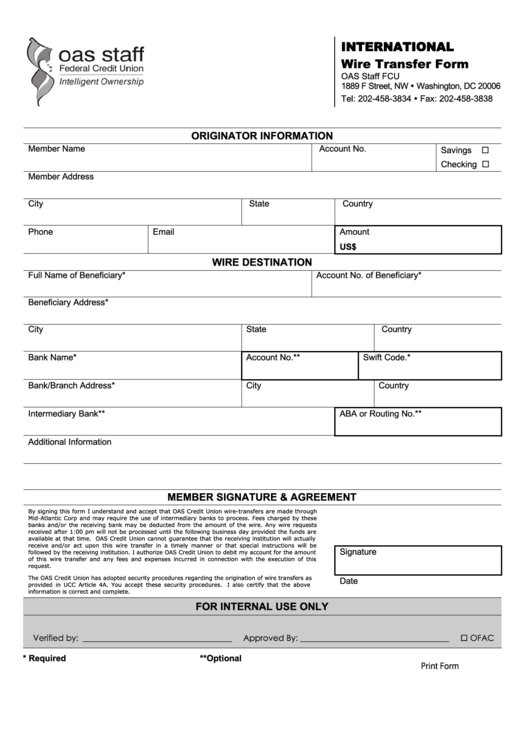 Fillable Oas Staff International Wire Transfer Form Printable Pdf Download