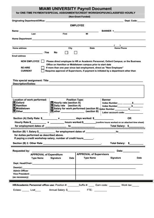 Fillable Payroll Document Form Miami University Printable Pdf Download