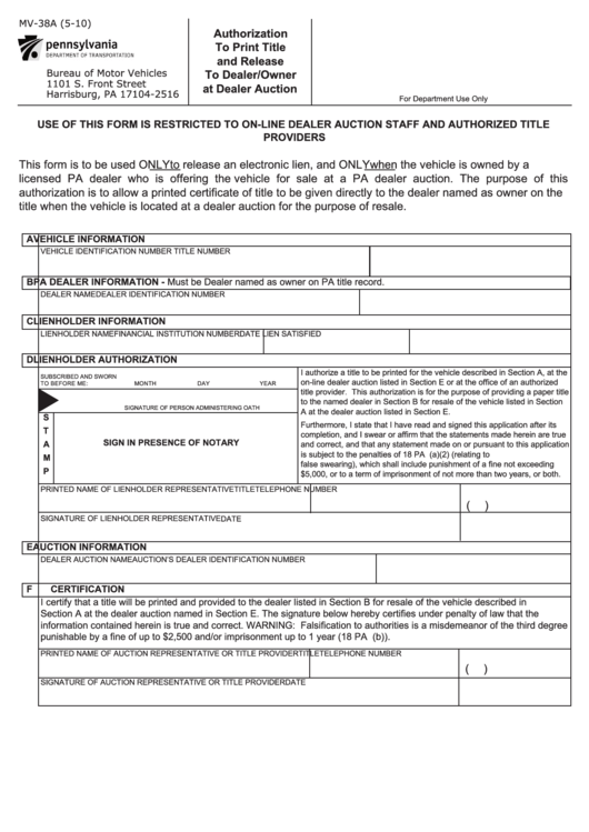 Fillable Penndot Form Mv 38a Authorization To Print Title And Release