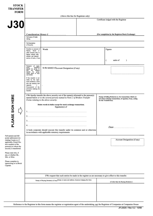 Fillable Stock Transfer Form J30 Printable Pdf Download