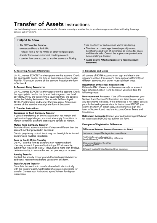 Fillable Transfer Of Assets Form Fidelity Investments Printable Pdf