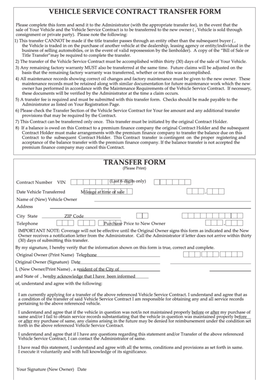 Fillable Vehicle Service Contract Transfer Form Transfer Form