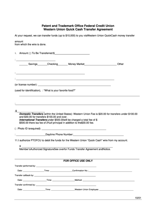 Fillable Western Union Quick Cash Transfer Agreement Form Printable Pdf 