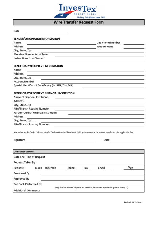 Fillable Wire Transfer Request Form Printable Pdf Download