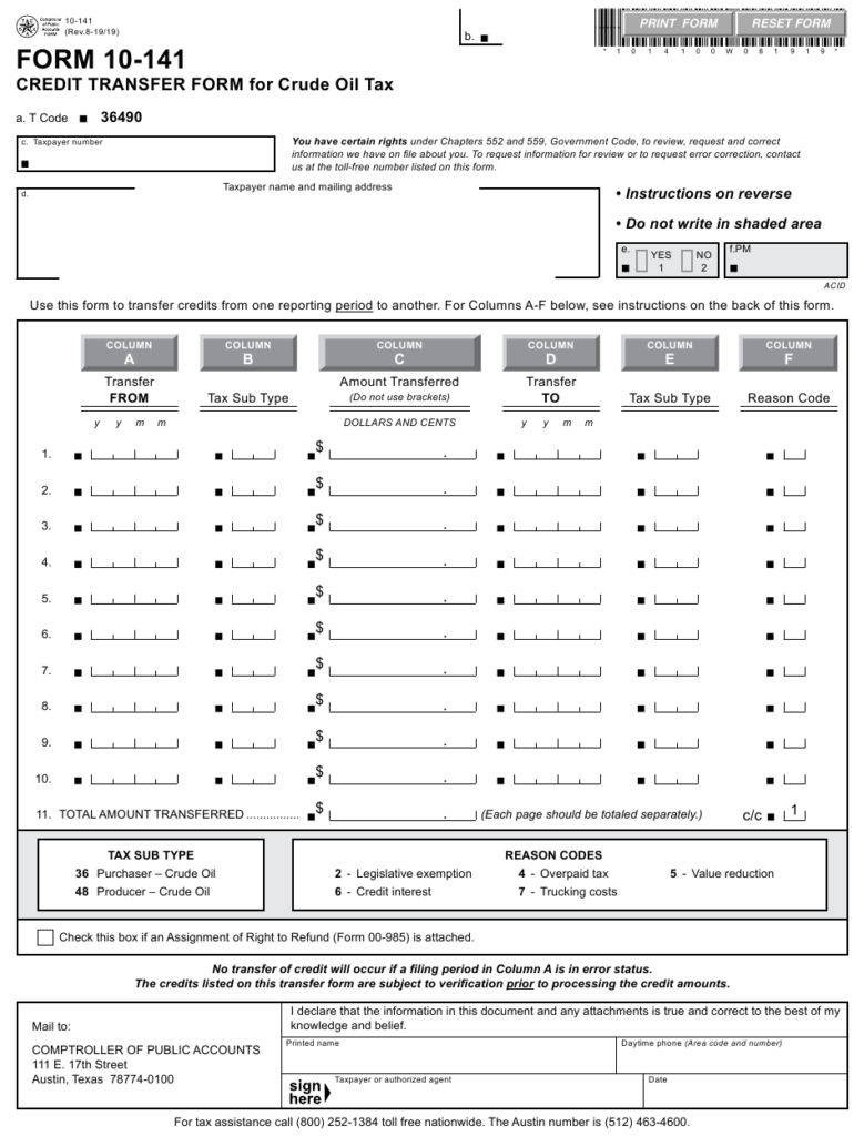 Form 10 141 Download Fillable PDF Or Fill Online Credit Transfer Form 