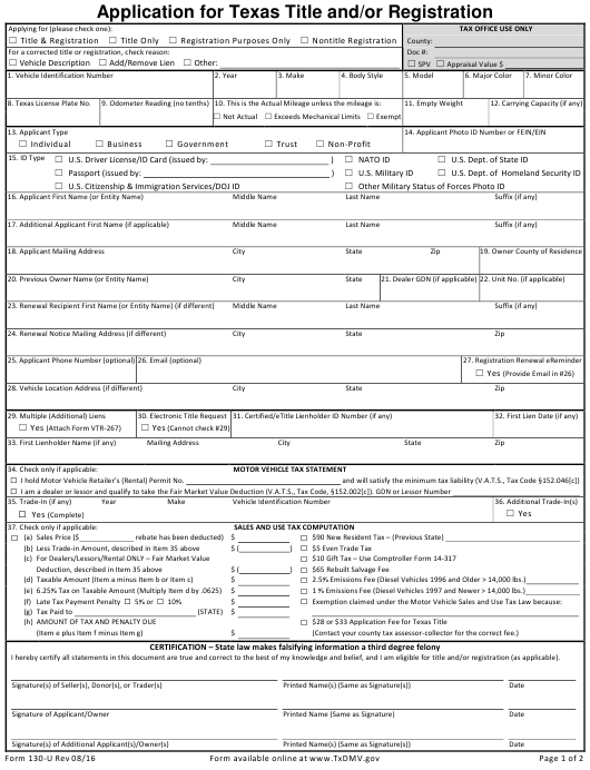 Form 130 U Download Fillable PDF Application For Texas Title And or 