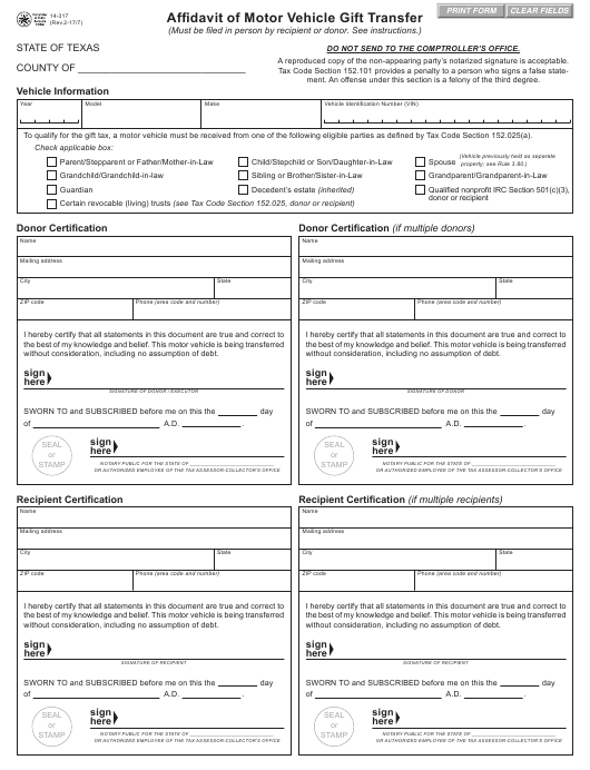 Form 14 317 Download Fillable PDF Or Fill Online Affidavit Of Motor 