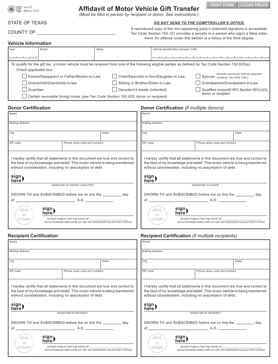 Texas Vehicle Title Transfer Form Printable 1952