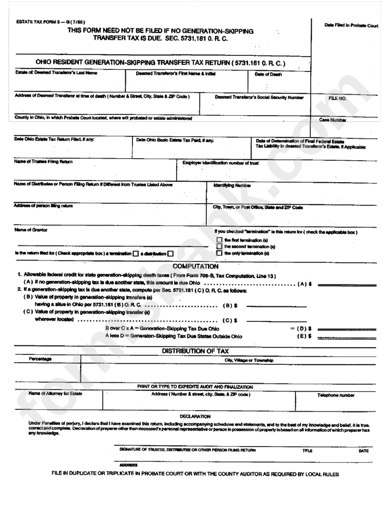 Form 3 G Ohio Resident Generation Skipping Transfer Tax Return 