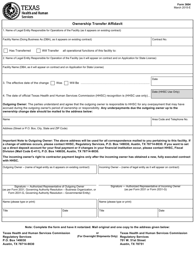 Form 3604 Download Fillable PDF Or Fill Online Ownership Transfer 