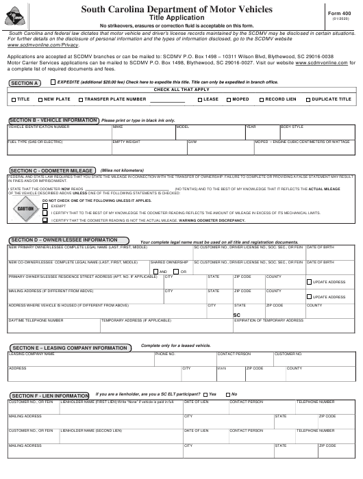 Form 400 Download Fillable PDF Or Fill Online Title Application South 