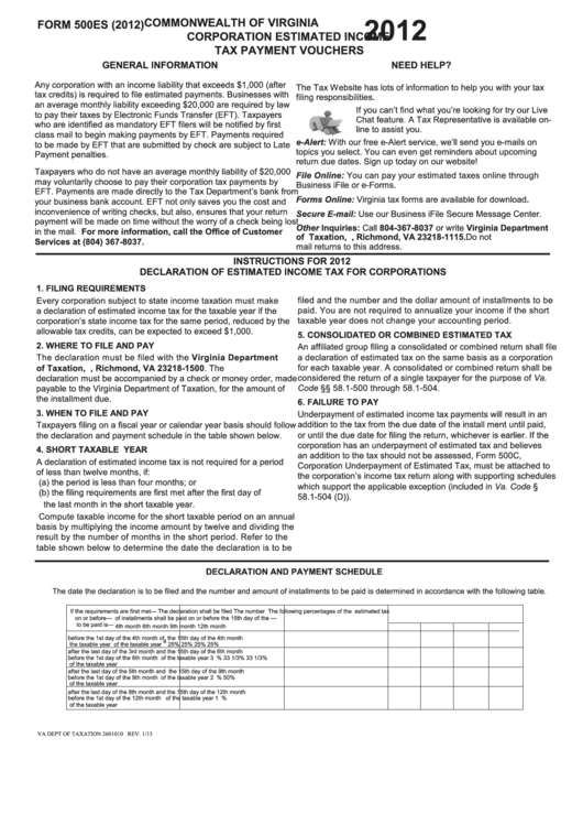 Form 500es Commonwealth Of Virginia Corporation Estimated Income Tax 