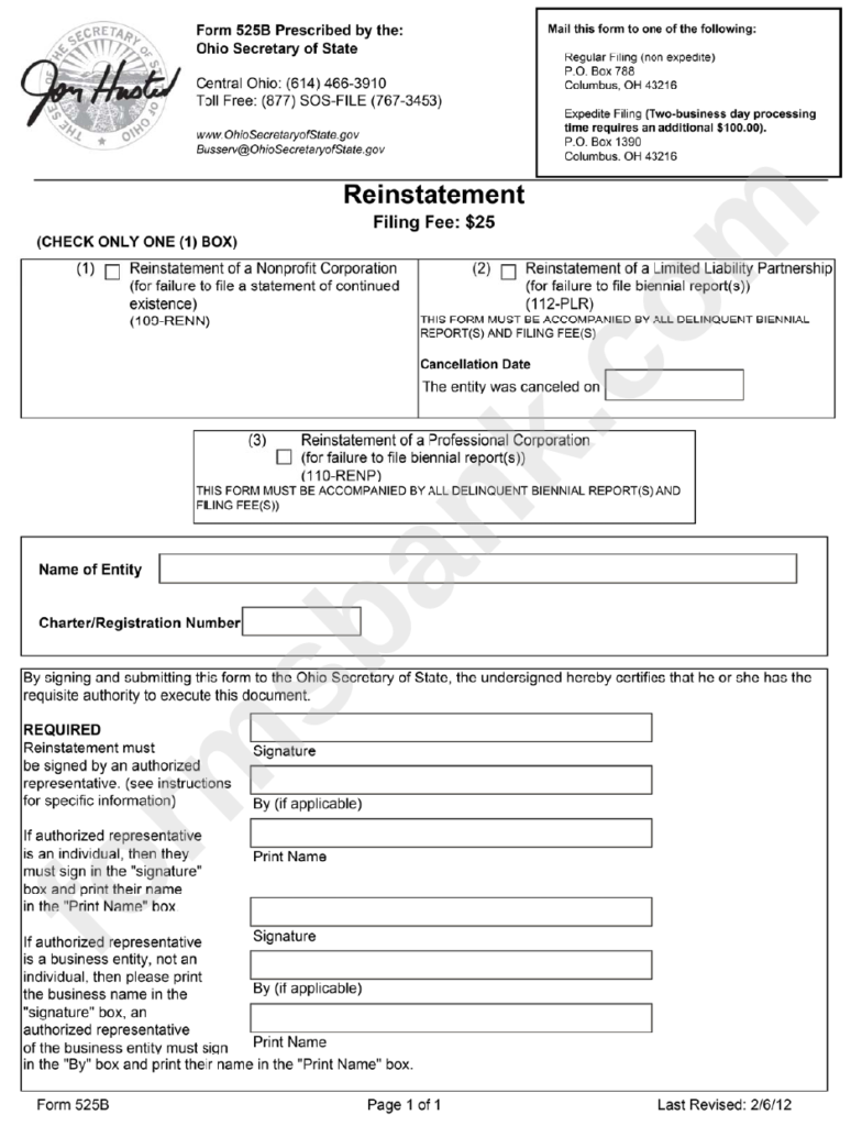 Form 525b Reinstatement Ohio Secretary Of State Printable Pdf Download