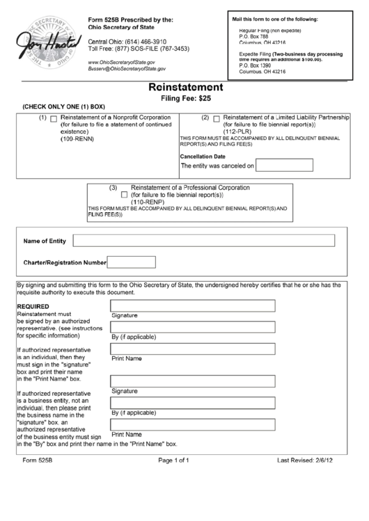 Form 525b Reinstatement Ohio Secretary Of State Printable Pdf Download