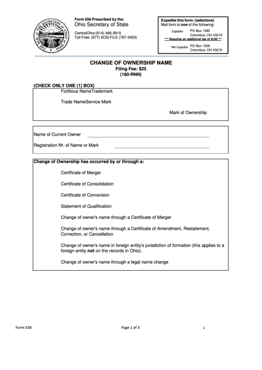 Form 558 Change Of Ownership Name State Of Ohio Printable Pdf Download