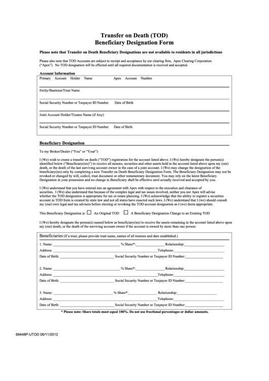 Form 69448p Utod Transfer On Death Beneficiary Designation Form 