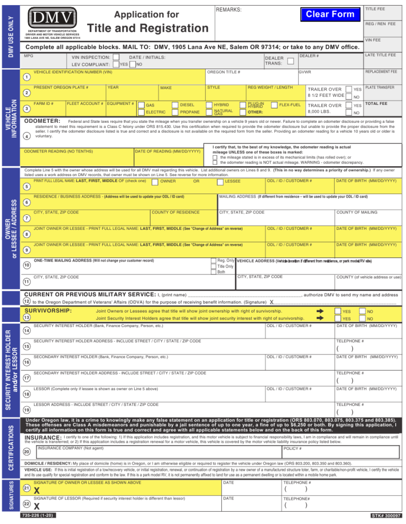 Form 735 226 Download Fillable PDF Or Fill Online Application For Title 