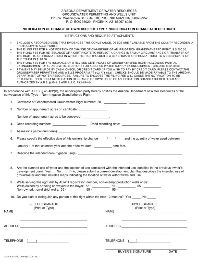 Form ADWR58 600 Download Printable PDF Or Fill Online Notification Of 