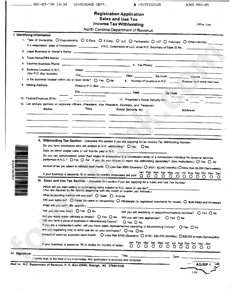 Form As rp 1 Registration Application Sales And Use Income Tax 