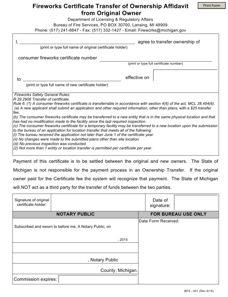 Form BFS 401 Download Fillable PDF Or Fill Online Fireworks Certificate 