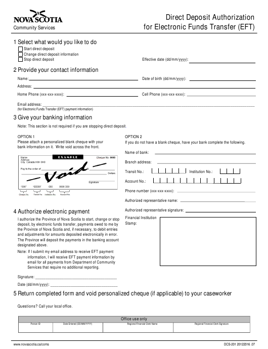 Form DCS 201 Download Fillable PDF Or Fill Online Direct Deposit 