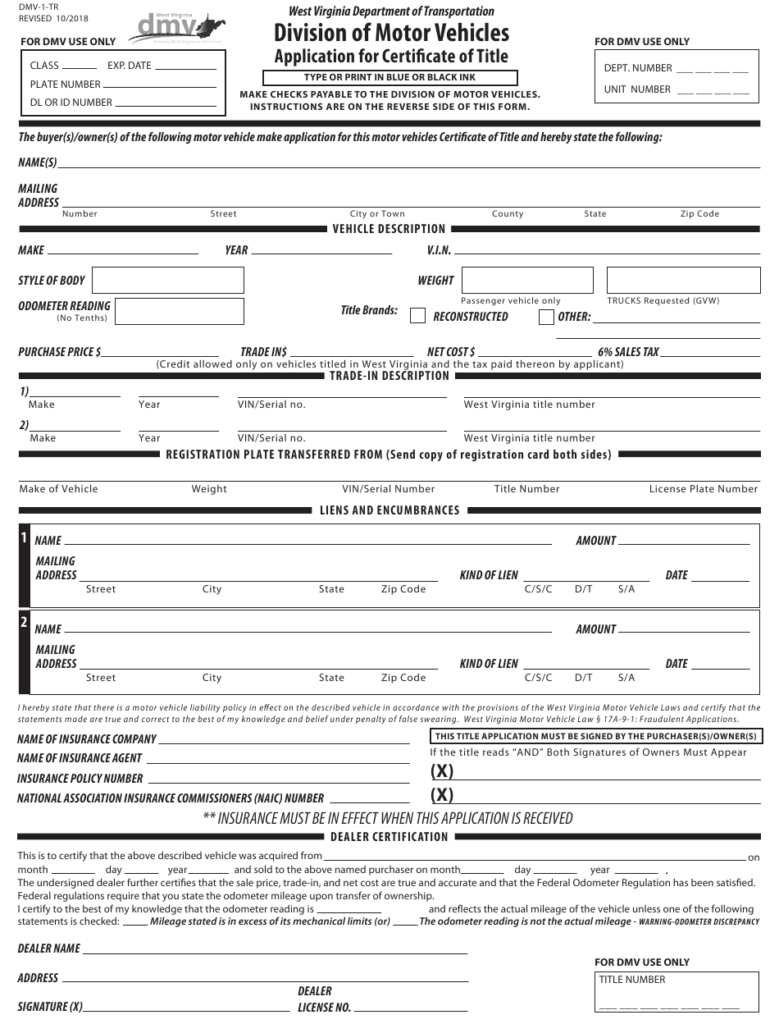 Form DMV 1 TR Download Fillable PDF Or Fill Online Application For 