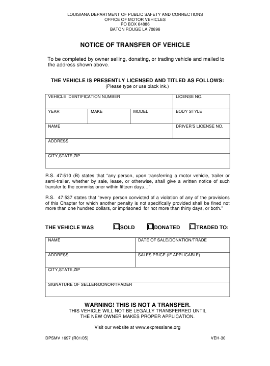 Form DPSMV1697 VEH 30 Download Printable PDF Or Fill Online Notice Of 