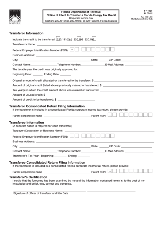 Form F 1193t Notice Of Intent To Transfer A Florida Energy Tax Credit 